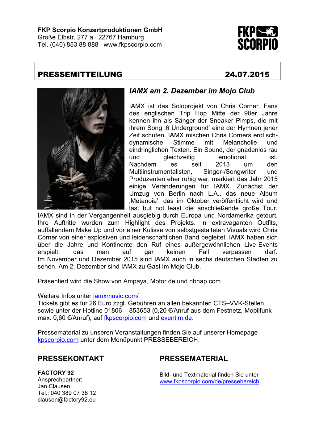 PRESSEMITTEILUNG 24.07.2015 IAMX Am 2