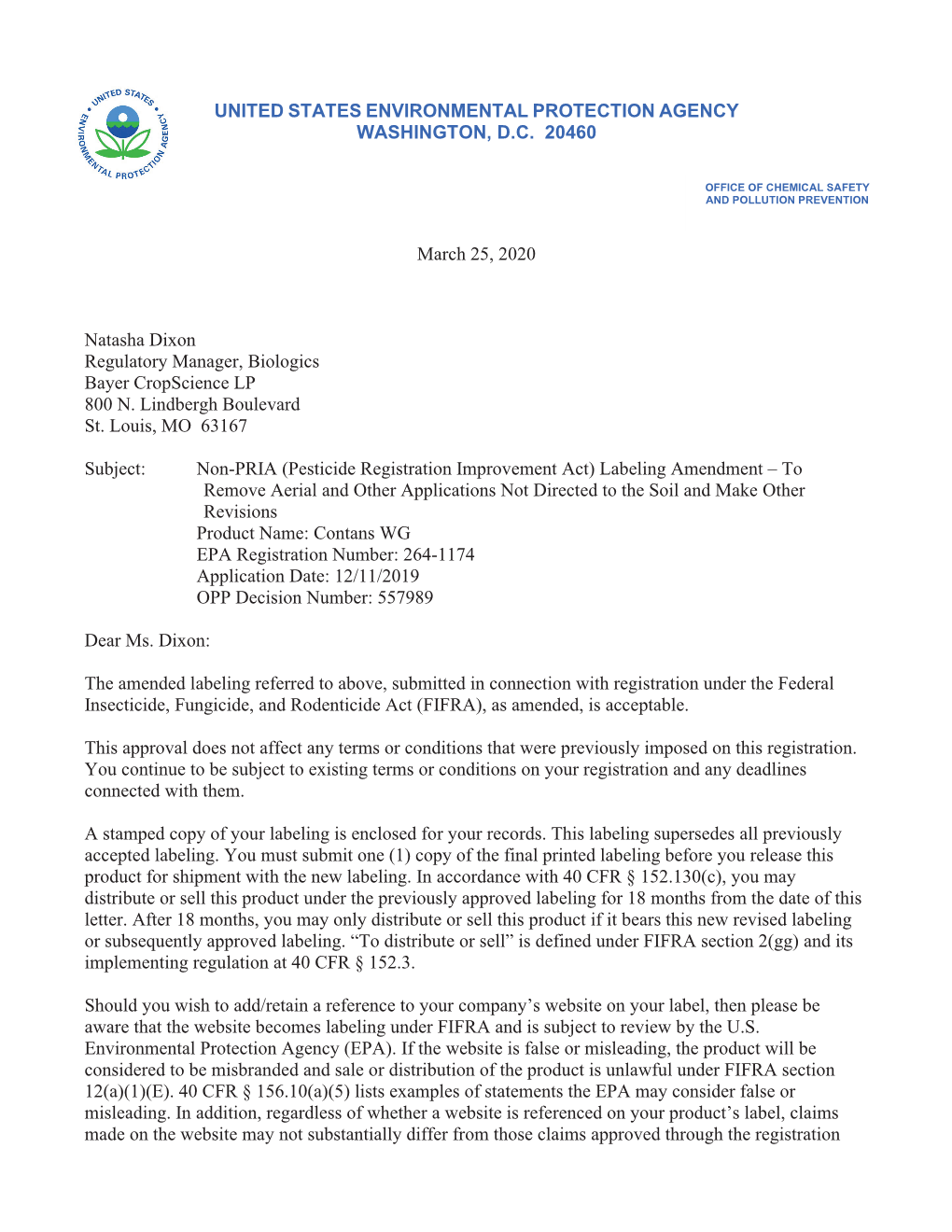 US EPA, Pesticide Product Label, CONTANS WG,03/25/2020