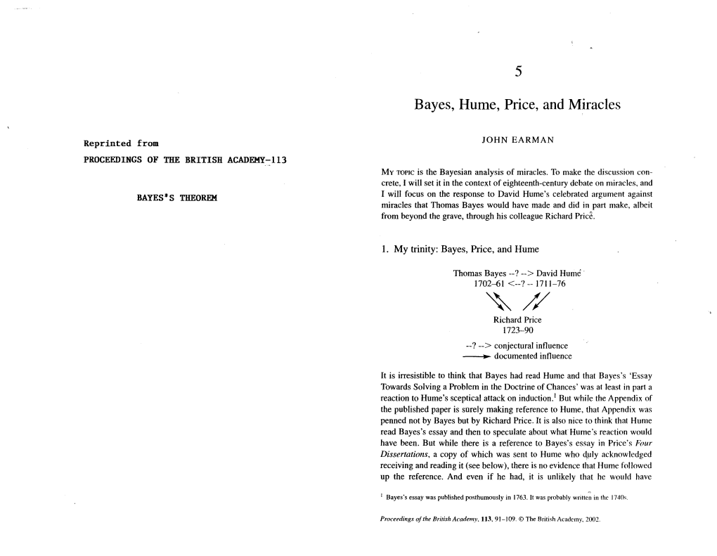 2002. Bayes, Hume, Price, and Miracles. Proceedings of the British Academy. 113 P.91-110
