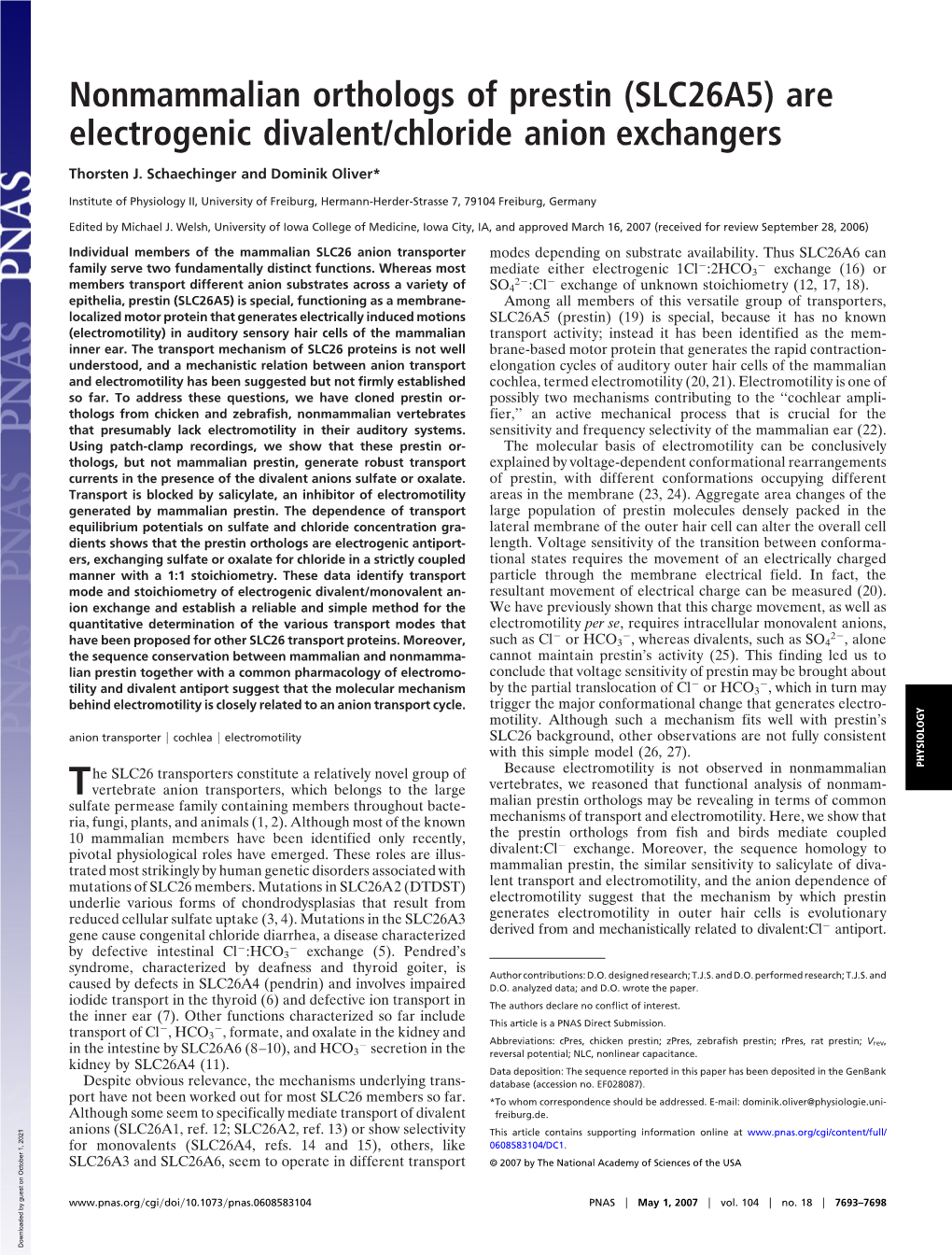 Nonmammalian Orthologs of Prestin (SLC26A5) Are Electrogenic Divalent/Chloride Anion Exchangers