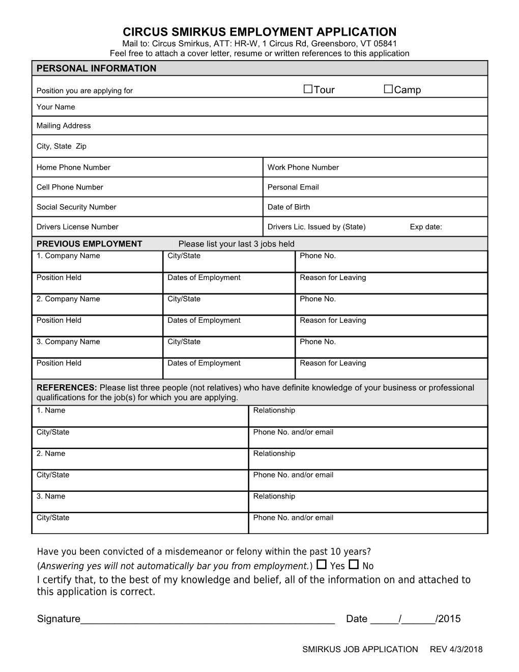 Circus Smirkus - Employment Application