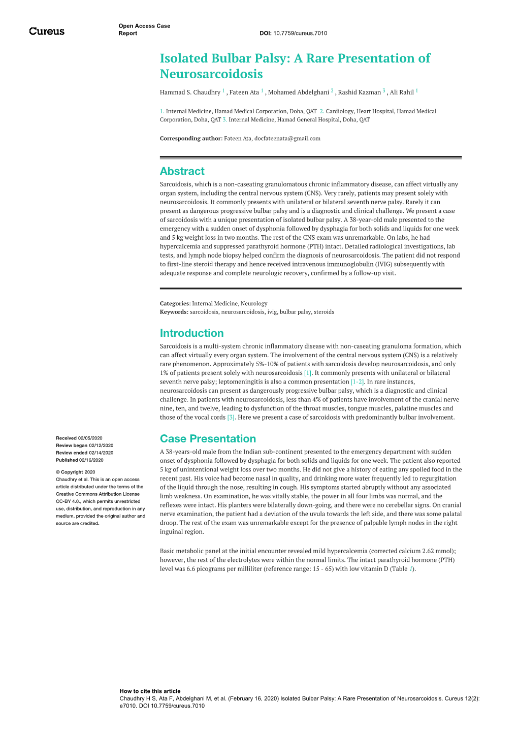 Isolated Bulbar Palsy: a Rare Presentation of Neurosarcoidosis