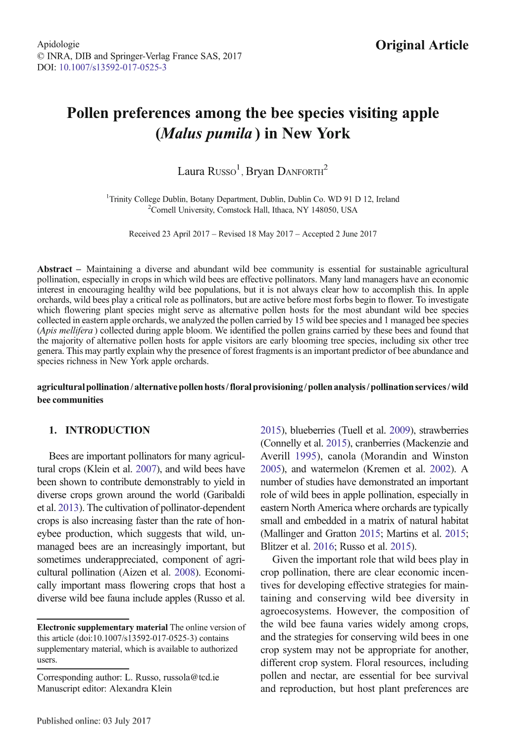 Pollen Preferences Among the Bee Species Visiting Apple (Malus Pumila )Innewyork