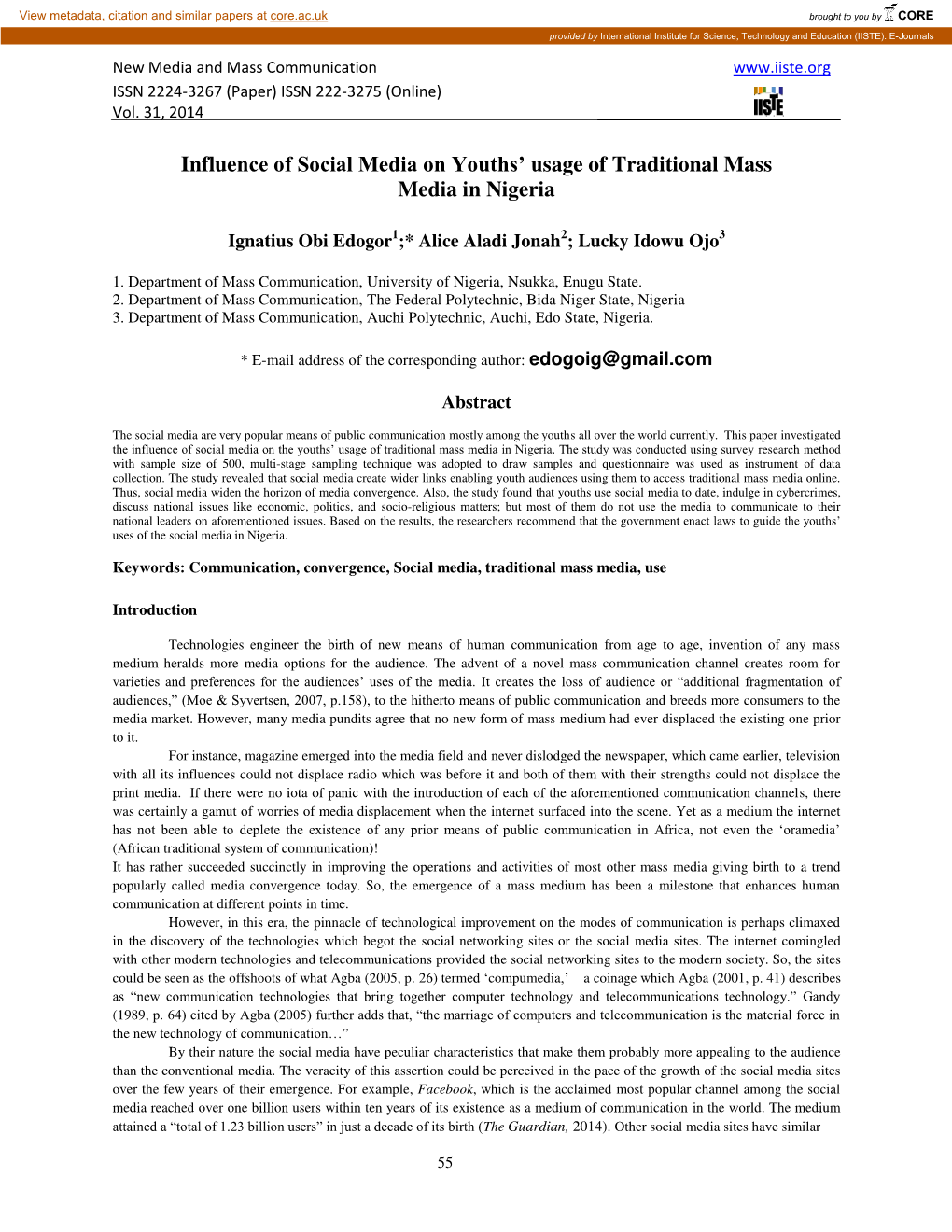 Influence of Social Media on Youths' Usage of Traditional Mass Media In