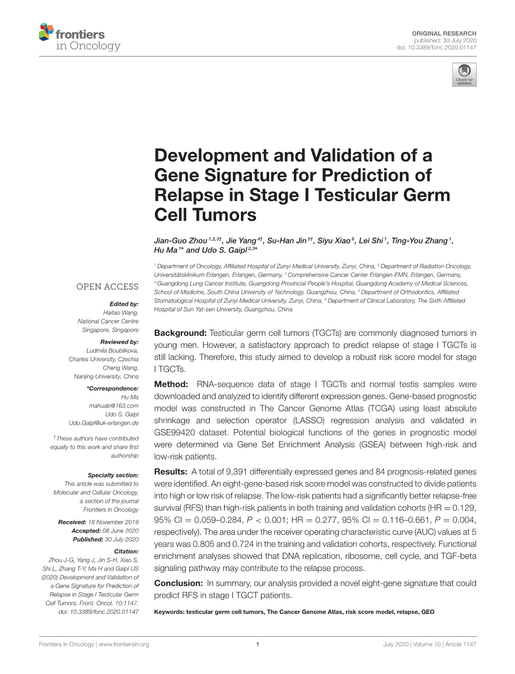 Development and Validation of a Gene Signature for Prediction of Relapse in Stage I Testicular Germ Cell Tumors