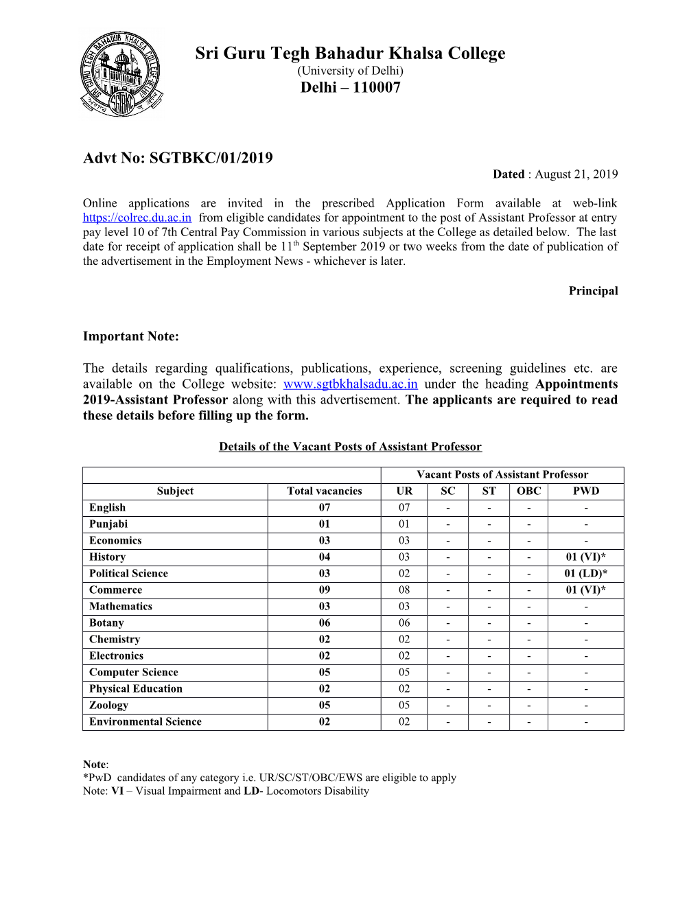 Instructions for Applicants (Advertisement for College Faculty Positions) 1