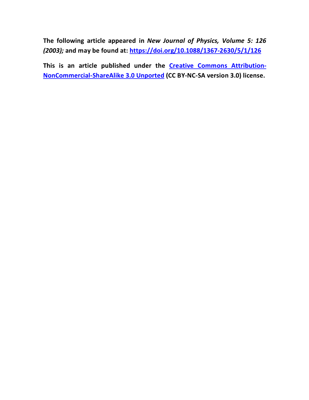 The Following Article Appeared in New Journal of Physics, Volume 5: 126 (2003); and May Be Found At