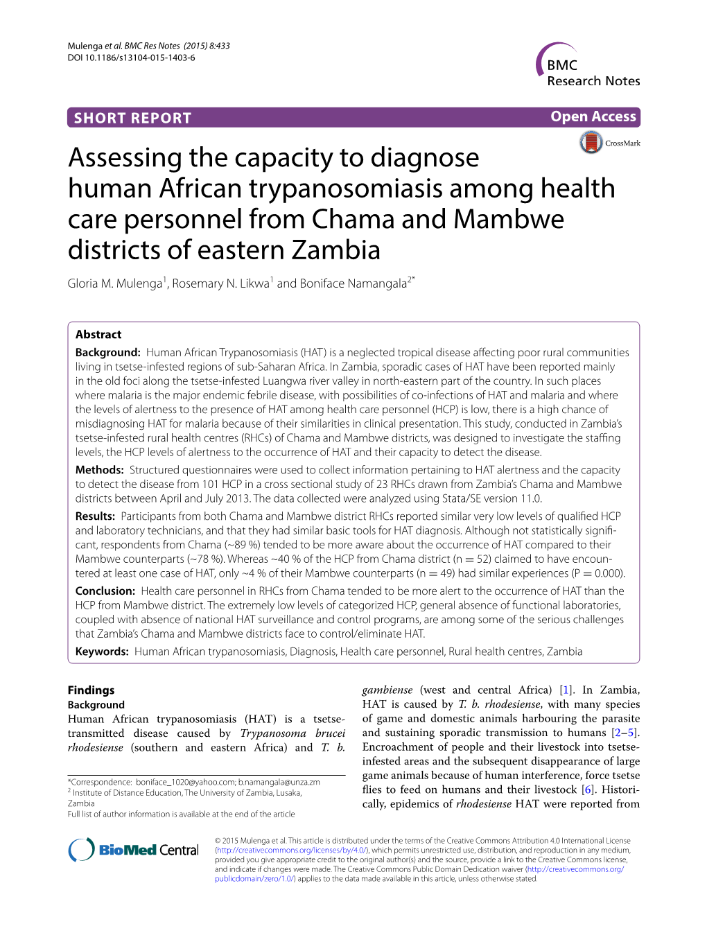 Assessing the Capacity to Diagnose Human African Trypanosomiasis Among Health Care Personnel from Chama and Mambwe Districts of Eastern Zambia Gloria M