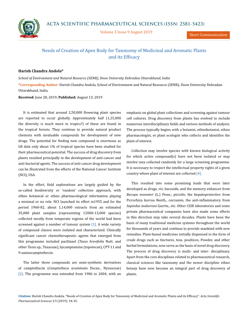 Needs of Creation of Apex Body for Taxonomy of Medicinal and Aromatic Plants and Its Efficacy