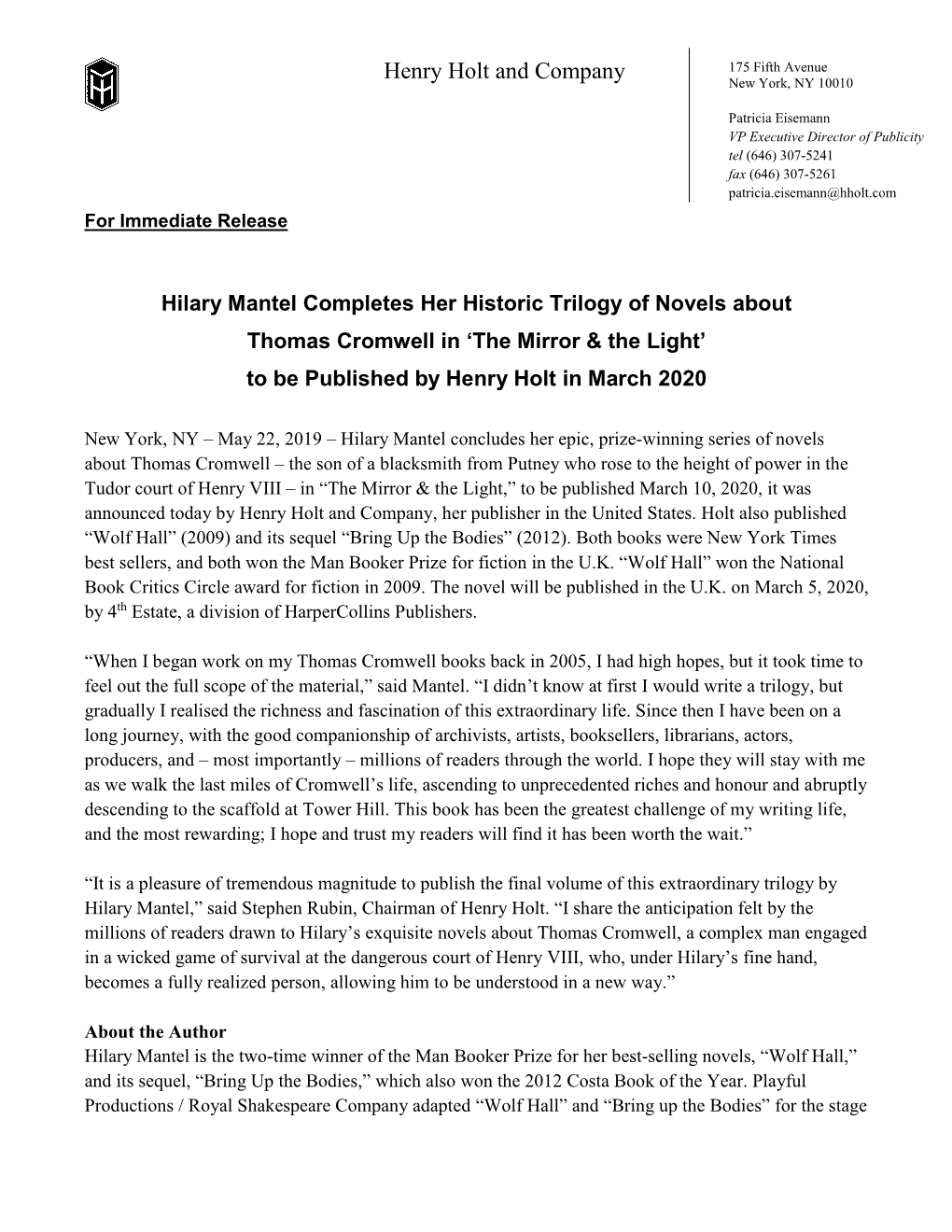 Hilary Mantel Completes Her Historic Trilogy of Novels About Thomas Cromwell in ‘The Mirror & the Light’ to Be Published by Henry Holt in March 2020