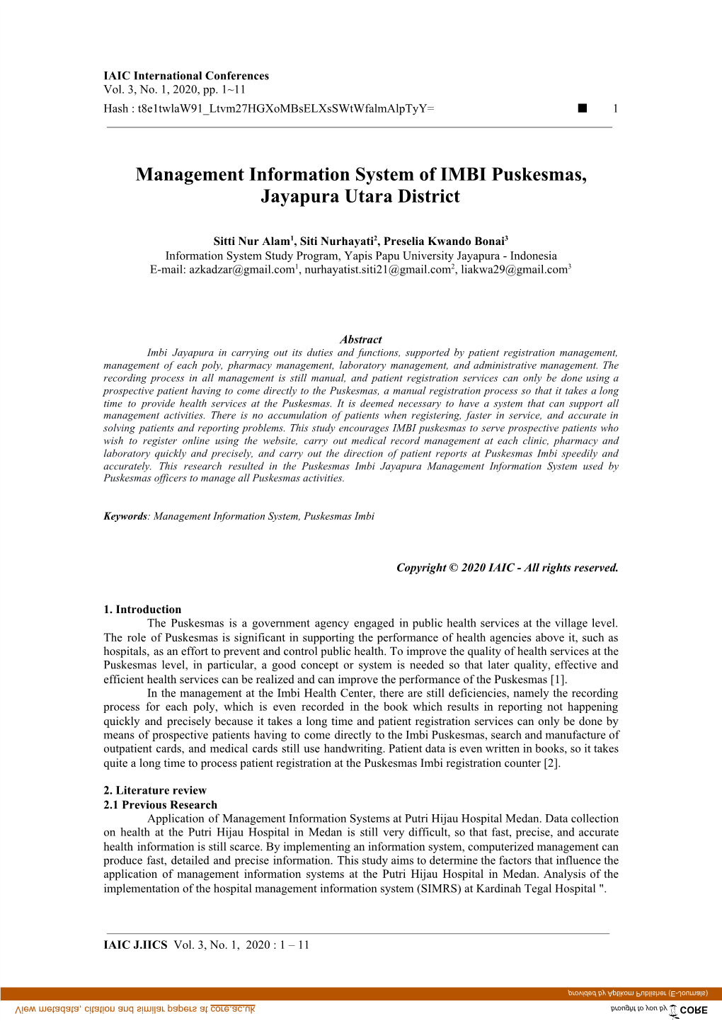 Management Information System of IMBI Puskesmas, Jayapura Utara District