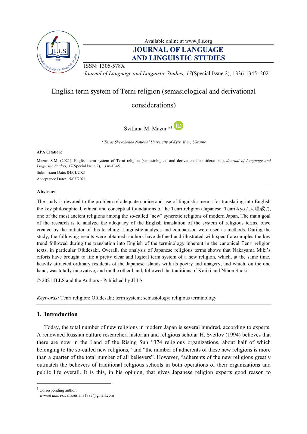 JOURNAL of LANGUAGE and LINGUISTIC STUDIES English Term