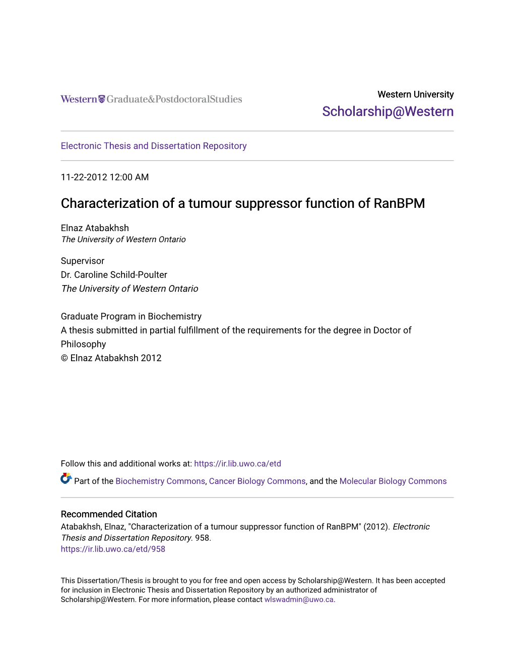 Characterization of a Tumour Suppressor Function of Ranbpm