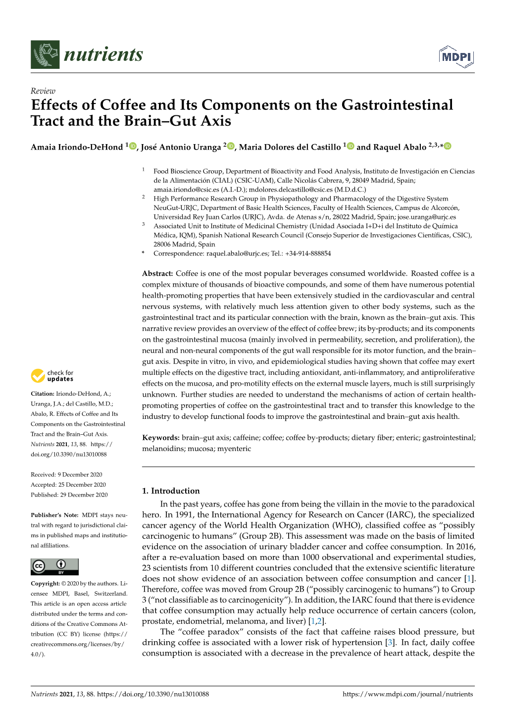 Effects of Coffee and Its Components on the Gastrointestinal Tract and the Brain–Gut Axis