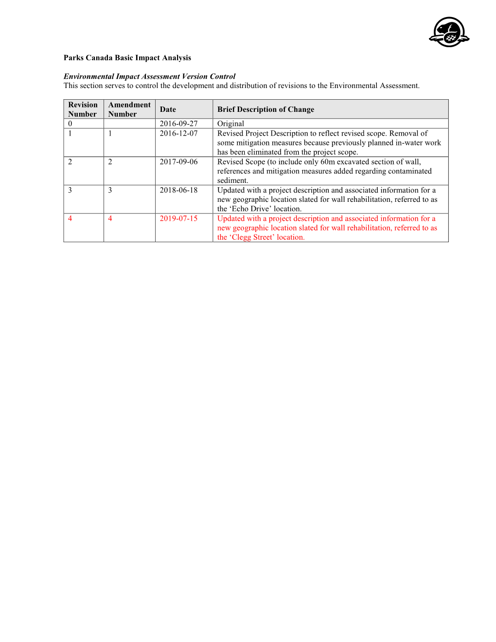 Parks Canada Basic Impact Analysis Environmental Impact Assessment