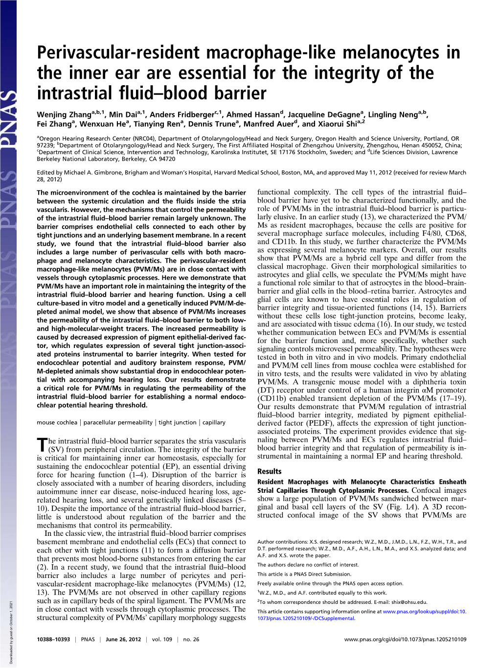 Perivascular-Resident Macrophage-Like Melanocytes in the Inner Ear Are Essential for the Integrity of the Intrastrial ﬂuid–Blood Barrier