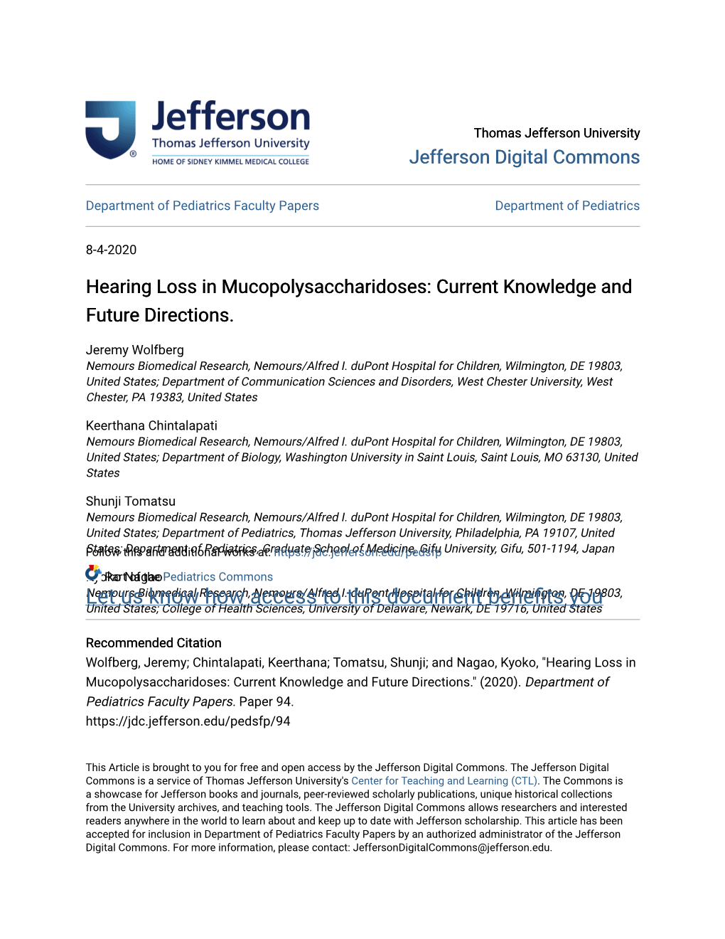 Hearing Loss in Mucopolysaccharidoses: Current Knowledge and Future Directions