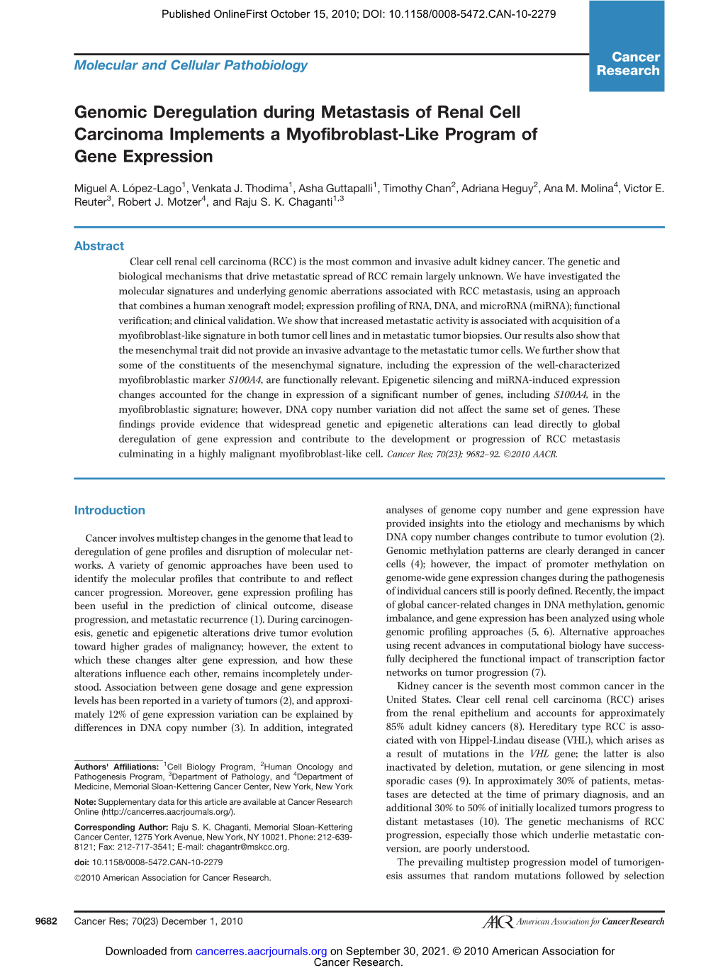 Genomic Deregulation During Metastasis of Renal Cell Carcinoma Implements a Myofibroblast-Like Program of Gene Expression