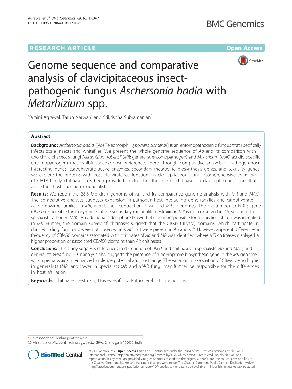 Genome Sequence and Comparative Analysis of Clavicipitaceous Insect- Pathogenic Fungus Aschersonia Badia with Metarhizium Spp