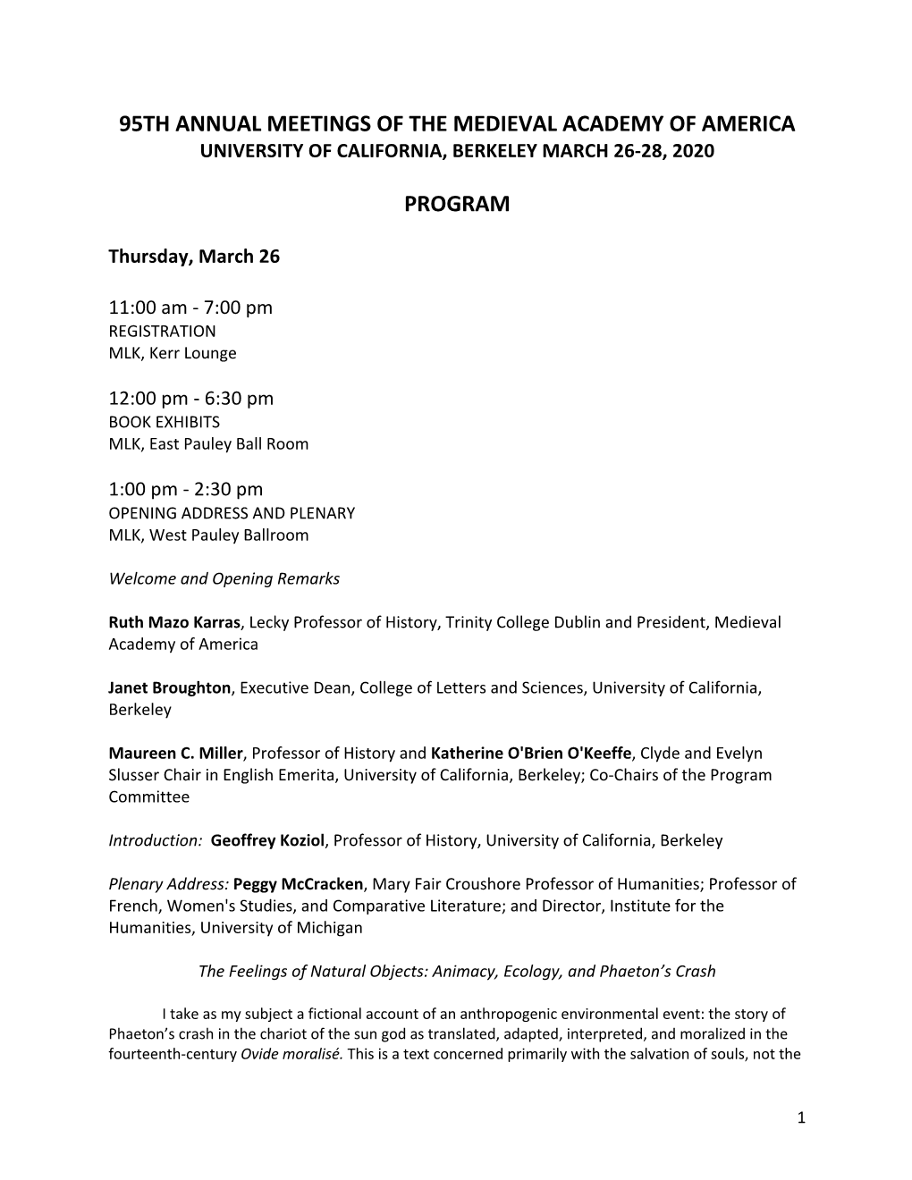 95Th Annual Meetings of the Medieval Academy of America University of California, Berkeley March 26-28, 2020