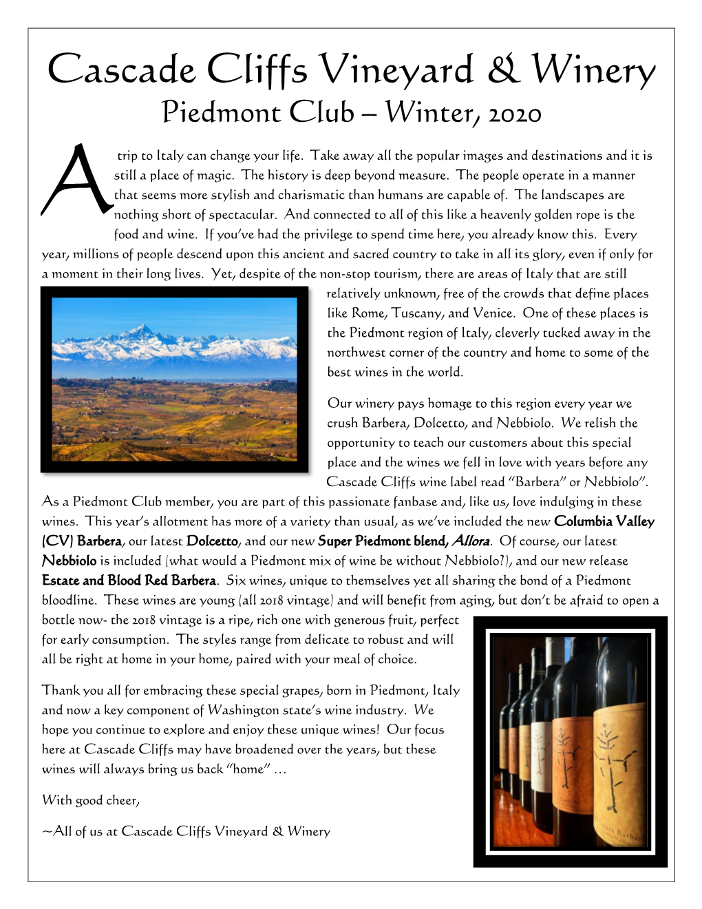 Piedmont Club – Winter, 2020