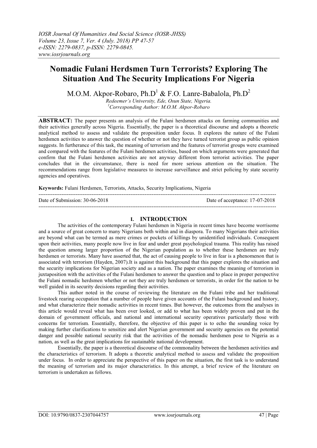 Nomadic Fulani Herdsmen Turn Terrorists? Exploring the Situation and the Security Implications for Nigeria