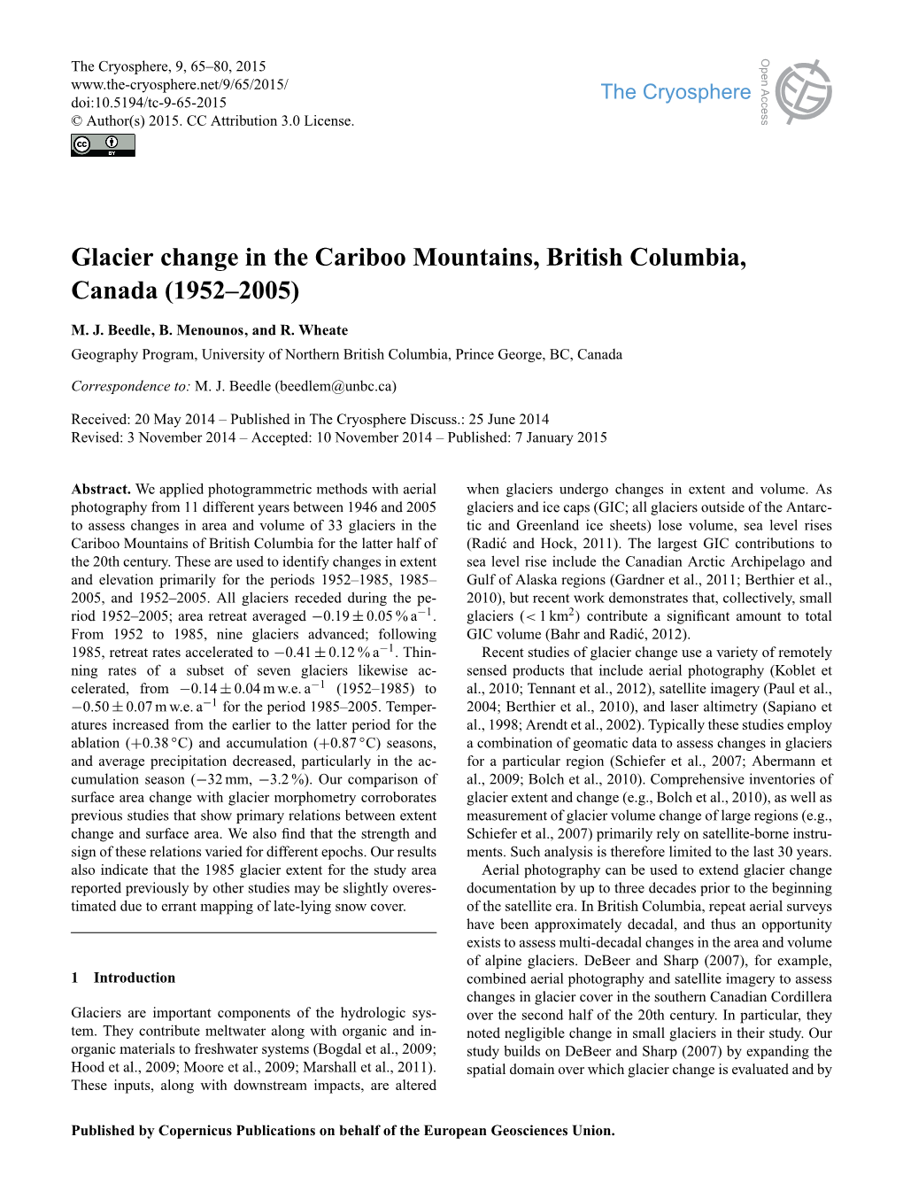 Glacier Change in the Cariboo Mountains, British Columbia, Canada (1952–2005)