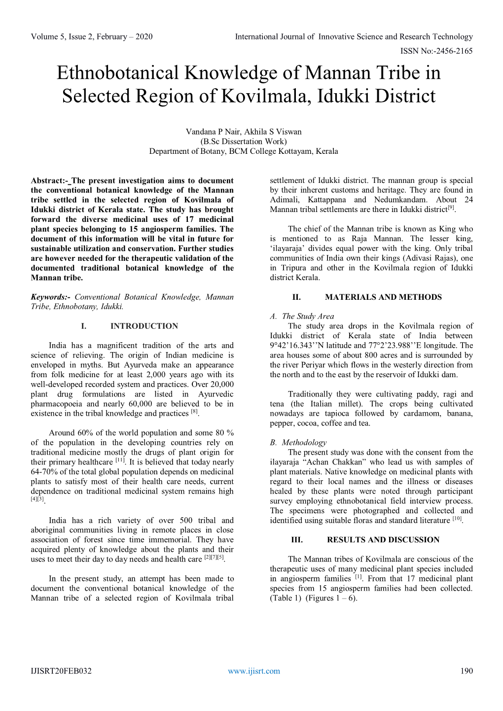 Ethnobotanical Knowledge of Mannan Tribe in Selected Region of Kovilmala, Idukki District