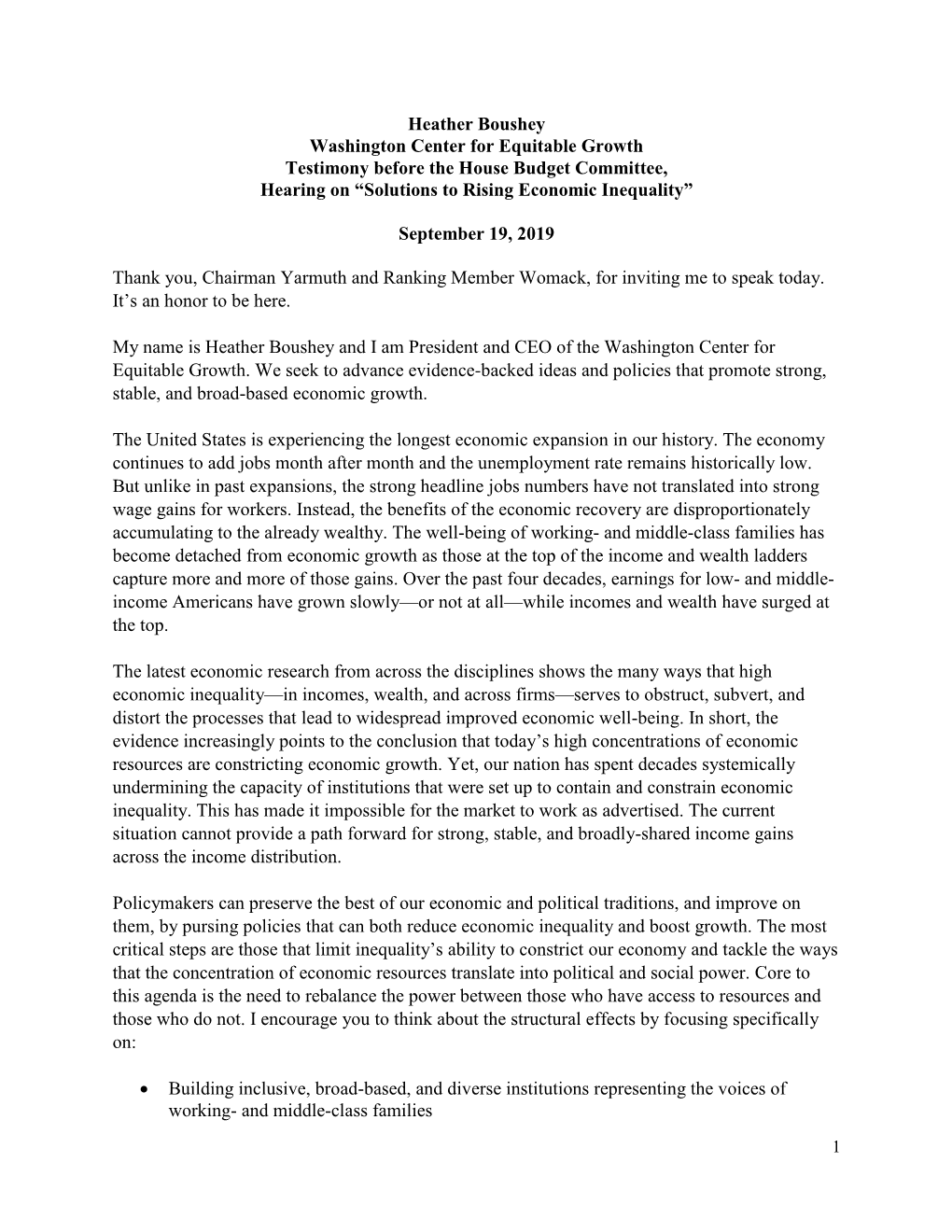 Heather Boushey Washington Center for Equitable Growth Testimony Before the House Budget Committee, Hearing on “Solutions to Rising Economic Inequality”