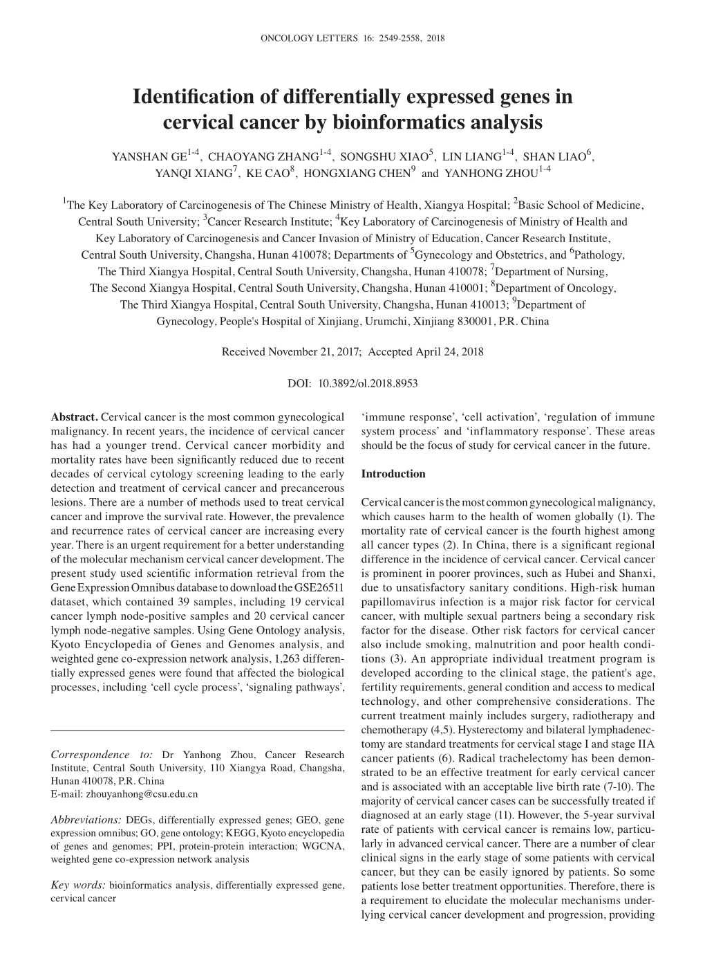 Identification of Differentially Expressed Genes in Cervical Cancer by Bioinformatics Analysis