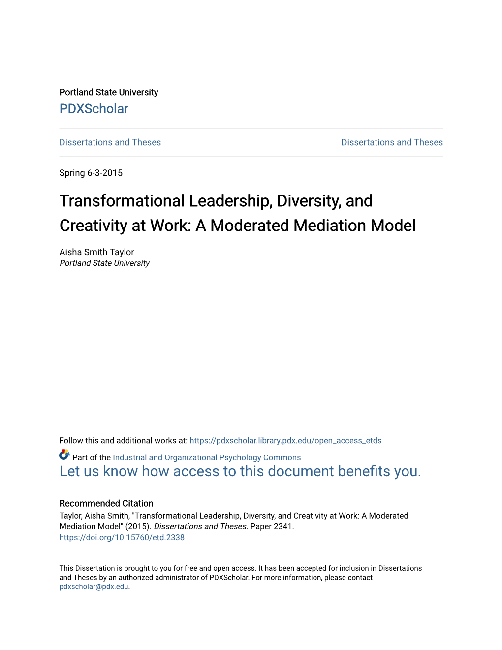 Transformational Leadership, Diversity, and Creativity at Work: a Moderated Mediation Model