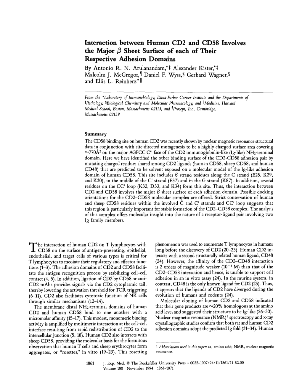 Interaction Between Human CD2 and CD58 Involves the Major ~ Sheet Surface of Each of Their Respective Adhesion Domains by Antonio R