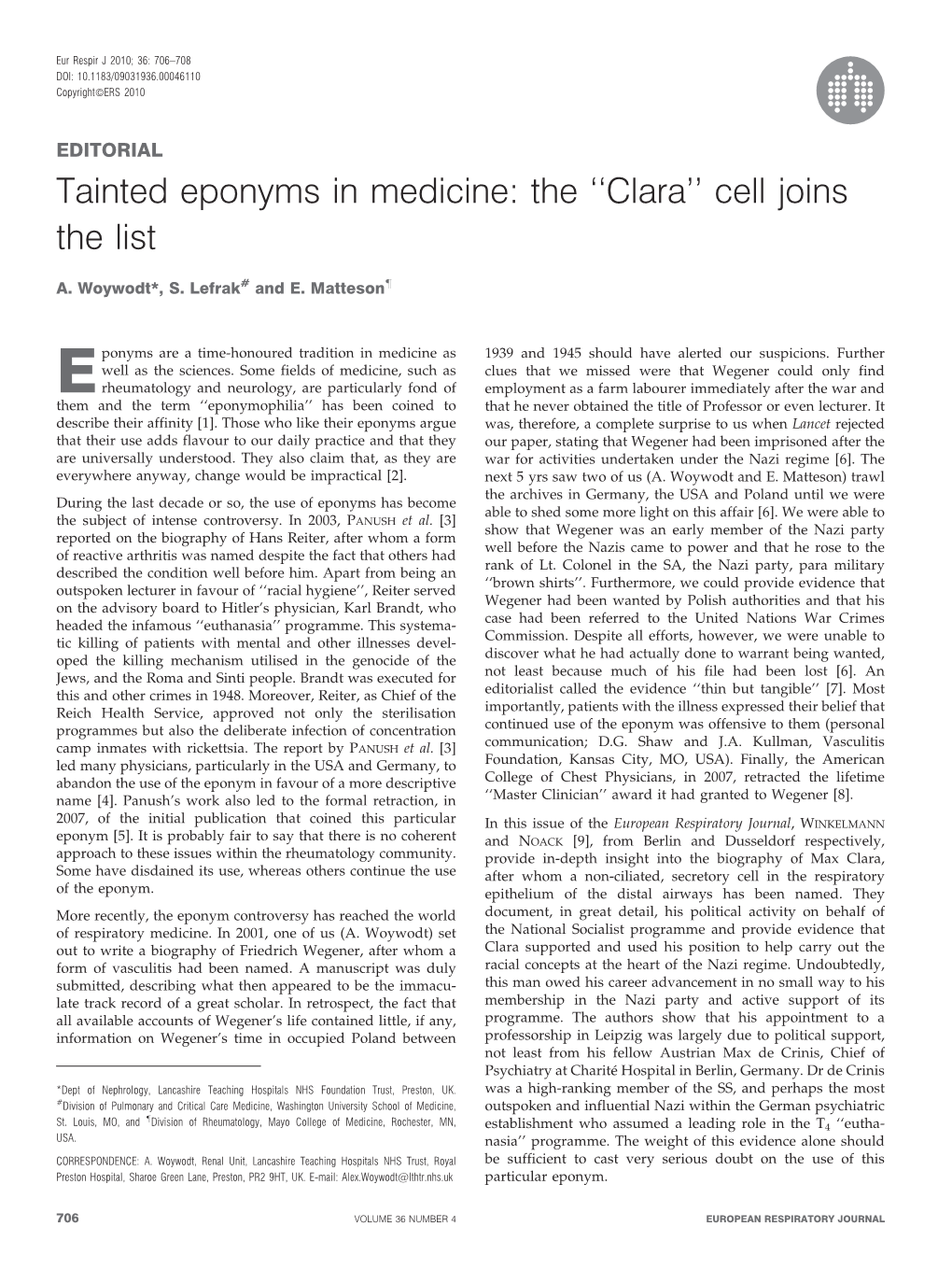 Tainted Eponyms in Medicine: the ''Clara'' Cell Joins the List