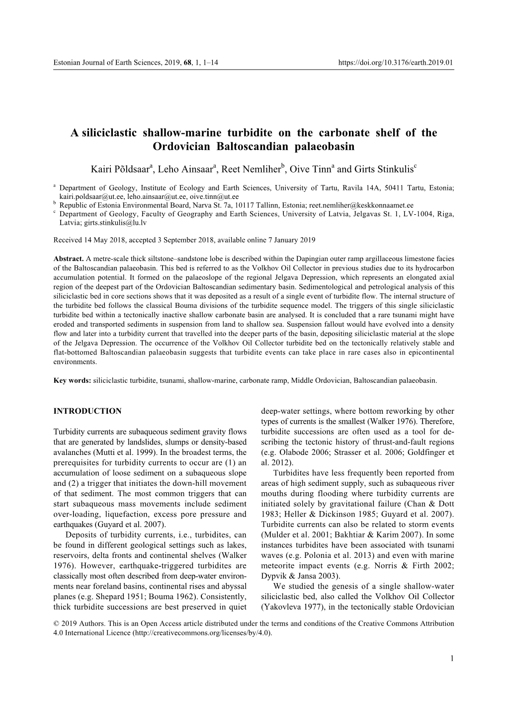 A Siliciclastic Shallow-Marine Turbidite on the Carbonate Shelf of the Ordovician Baltoscandian Palaeobasin