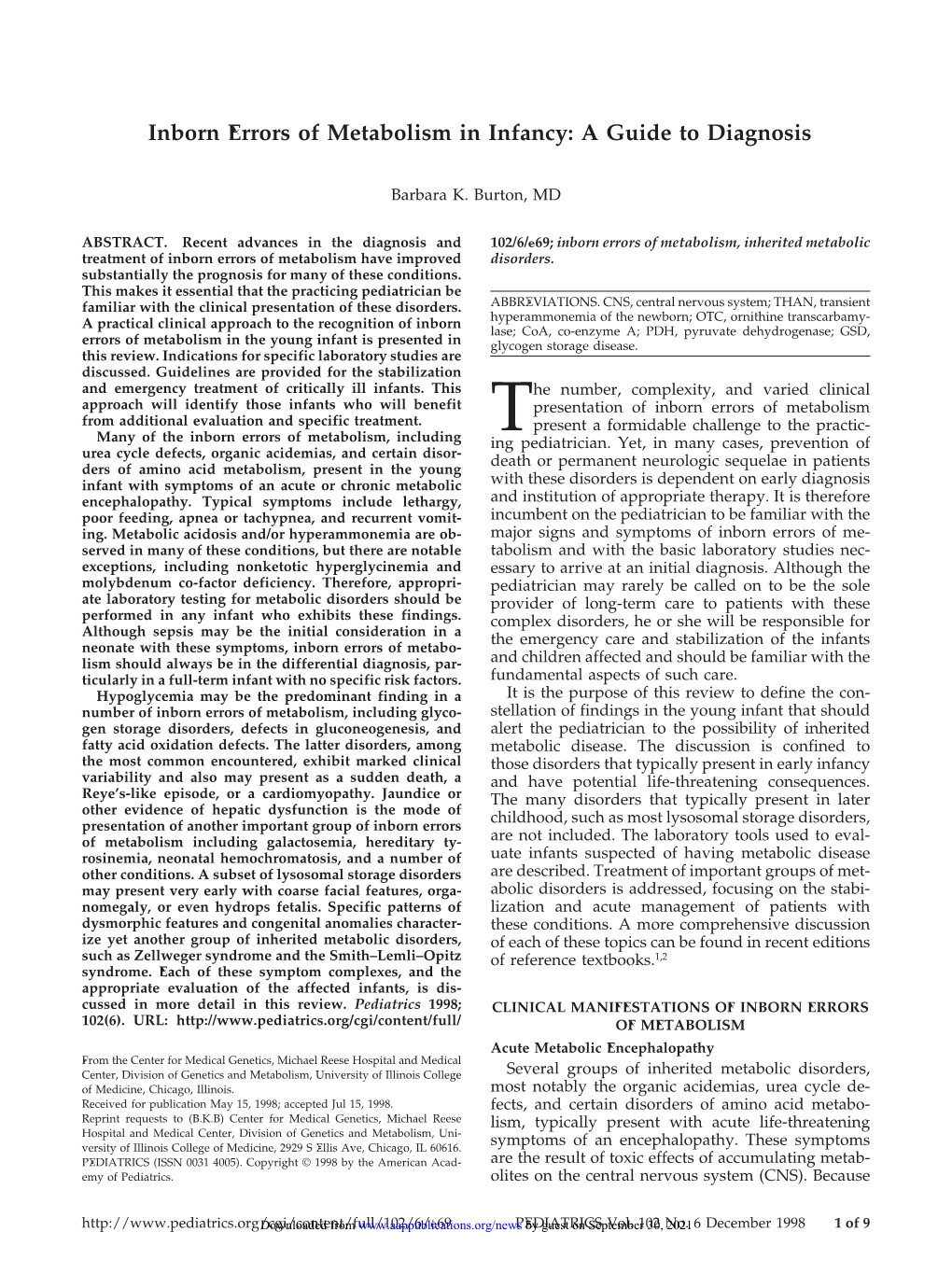 Inborn Errors of Metabolism in Infancy: a Guide to Diagnosis