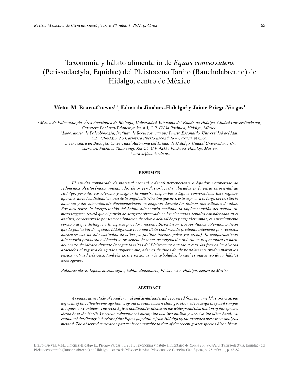 Taxonomía Y Hábito Alimentario De Equus Conversidens (Perissodactyla, Equidae) Del Pleistoceno Tardío (Rancholabreano) De Hidalgo, Centro De México