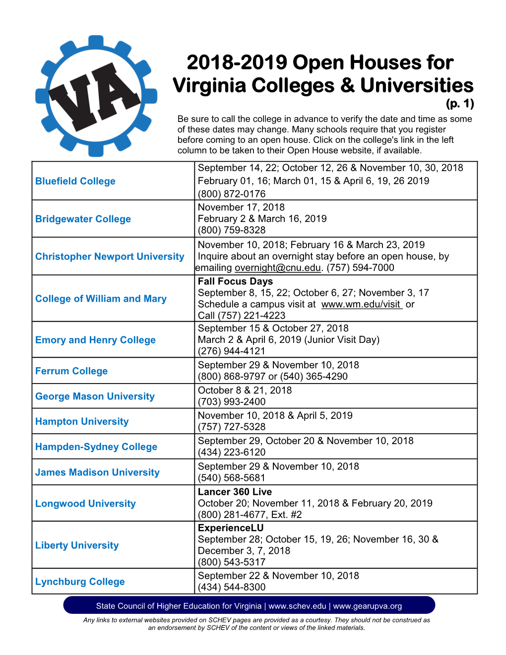 2018-2019 Open Houses for Virginia Colleges & Universities