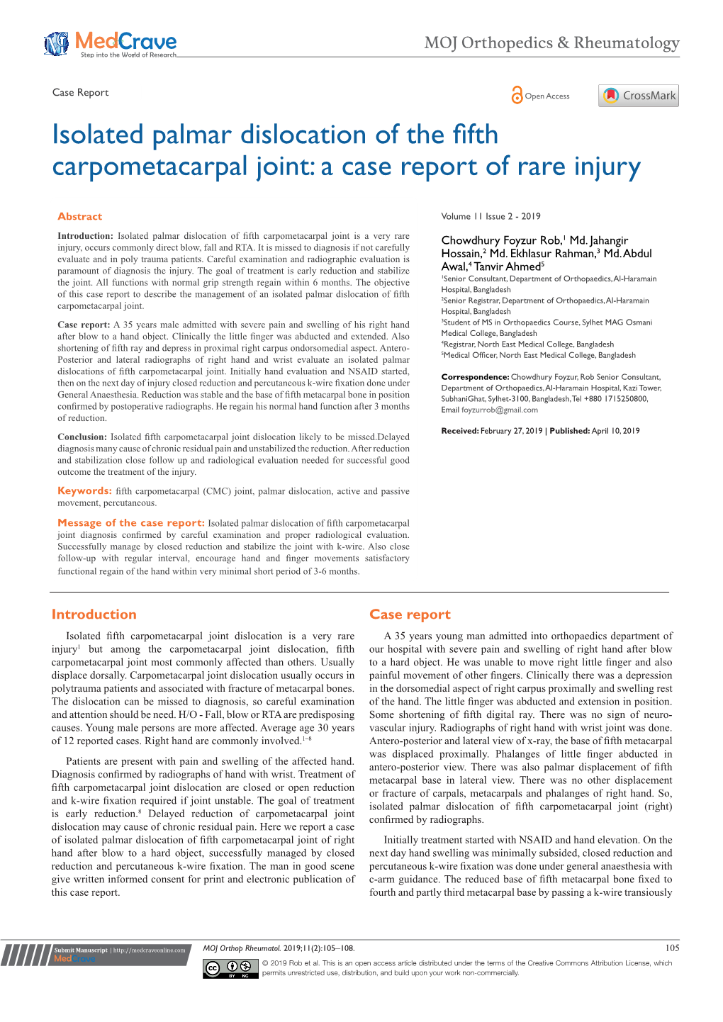 Isolated Palmar Dislocation of the Fifth Carpometacarpal Joint: a Case Report of Rare Injury