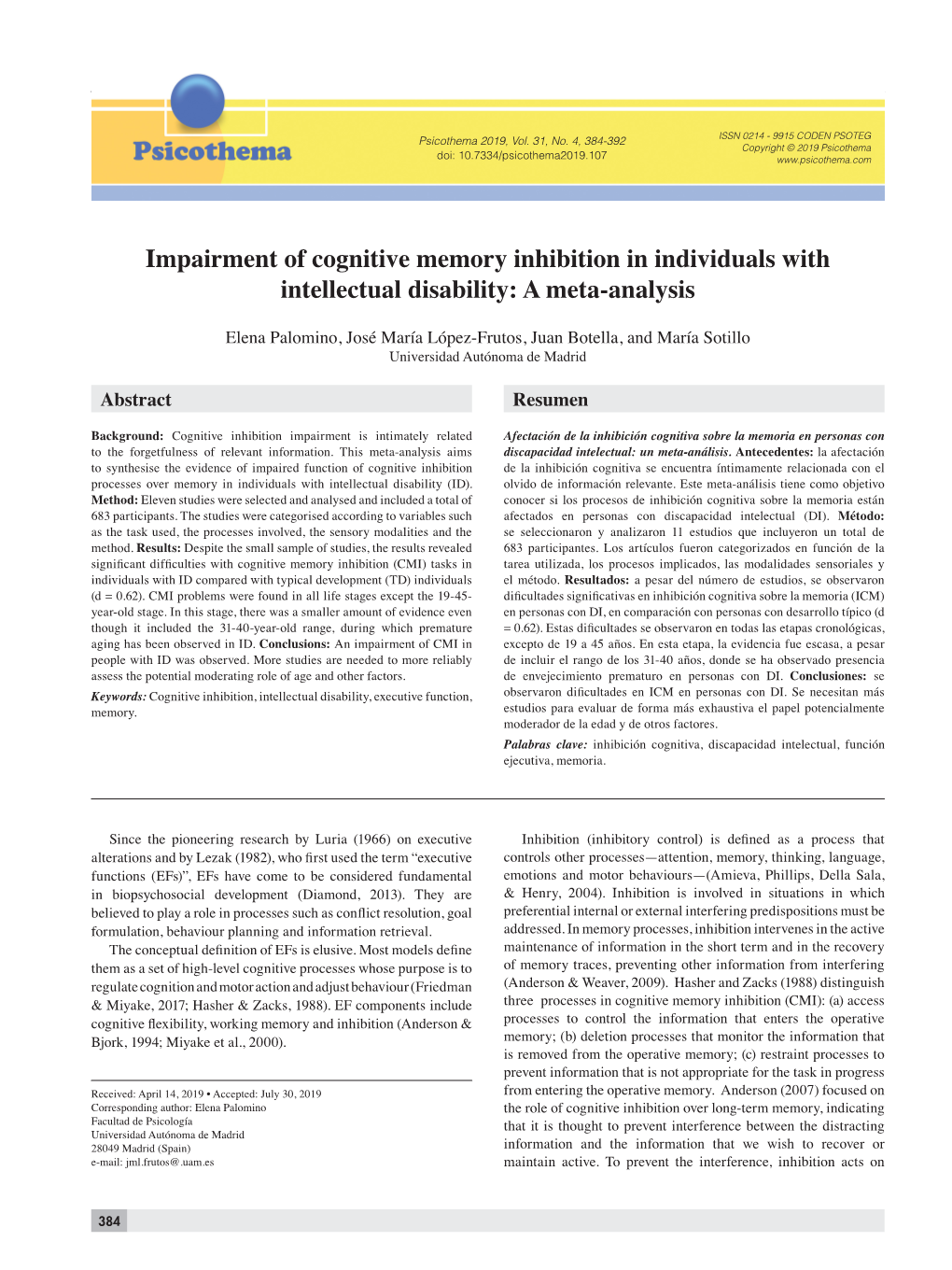 Impairment of Cognitive Memory Inhibition in Individuals with Intellectual Disability: a Meta-Analysis