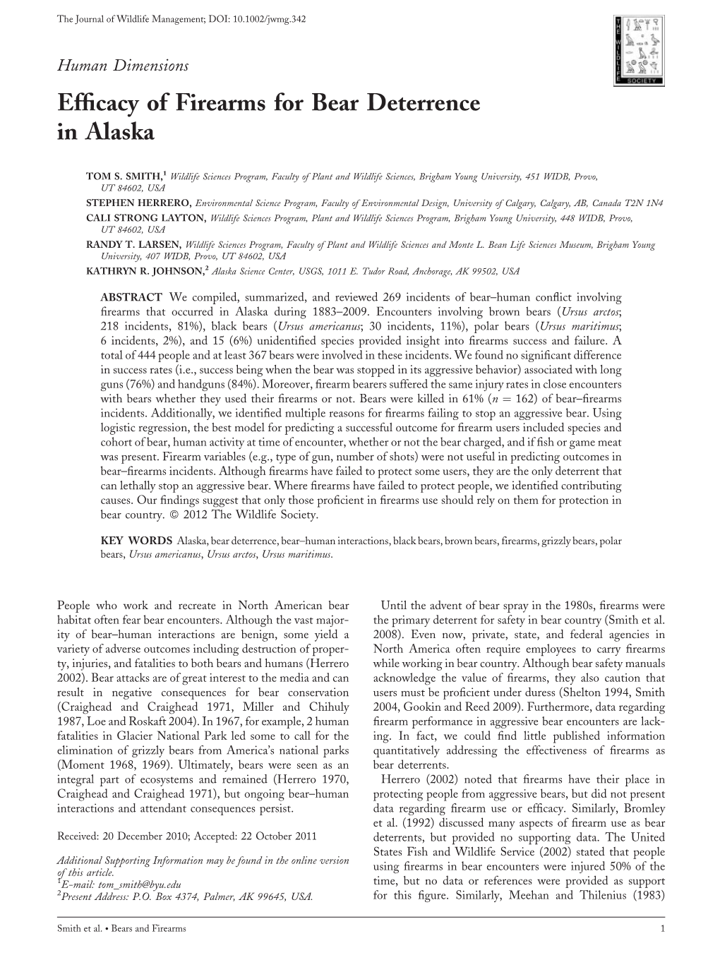 Efficacy of Firearms for Bear Deterrence in Alaska