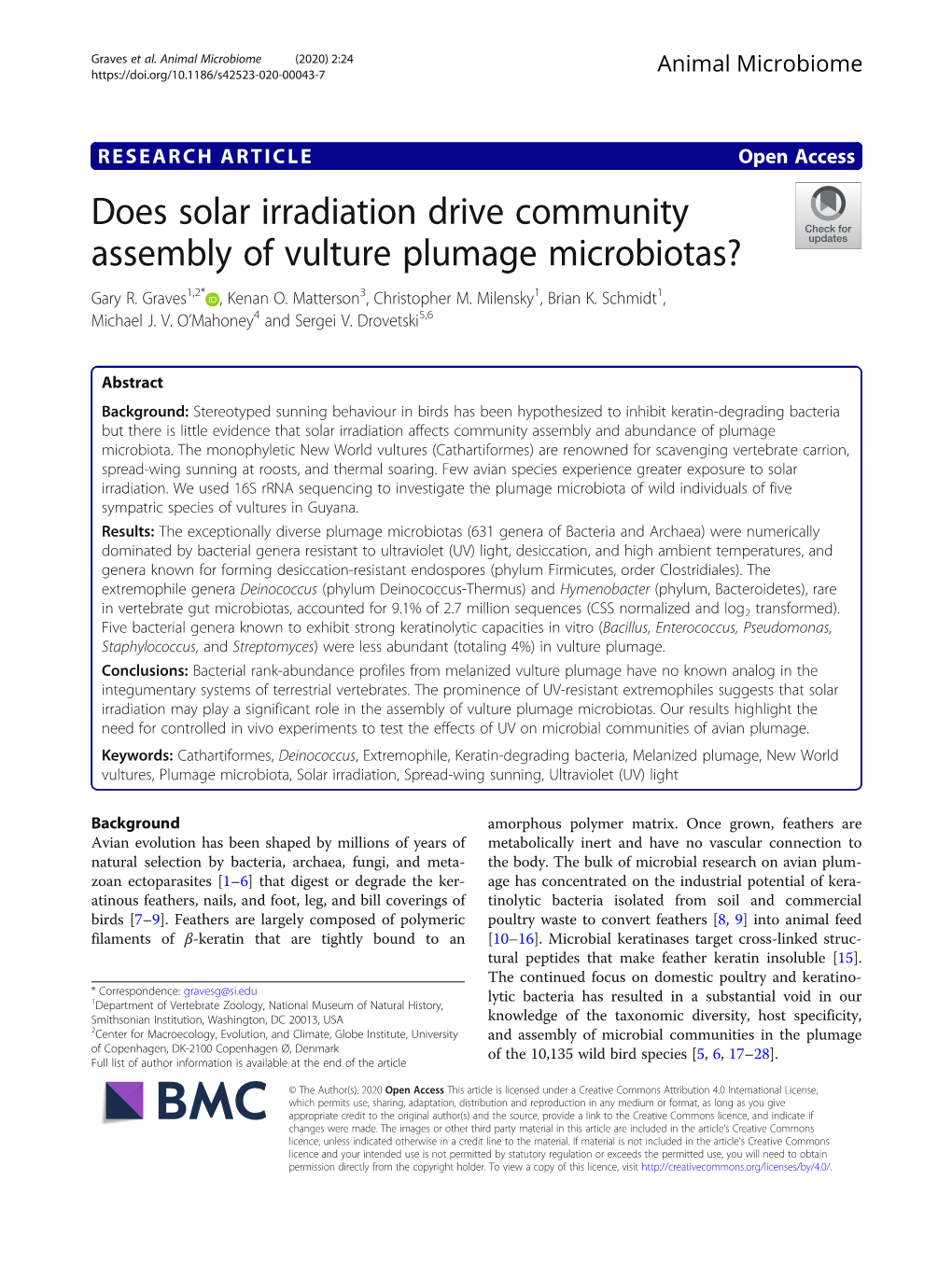 Does Solar Irradiation Drive Community Assembly of Vulture Plumage Microbiotas? Gary R