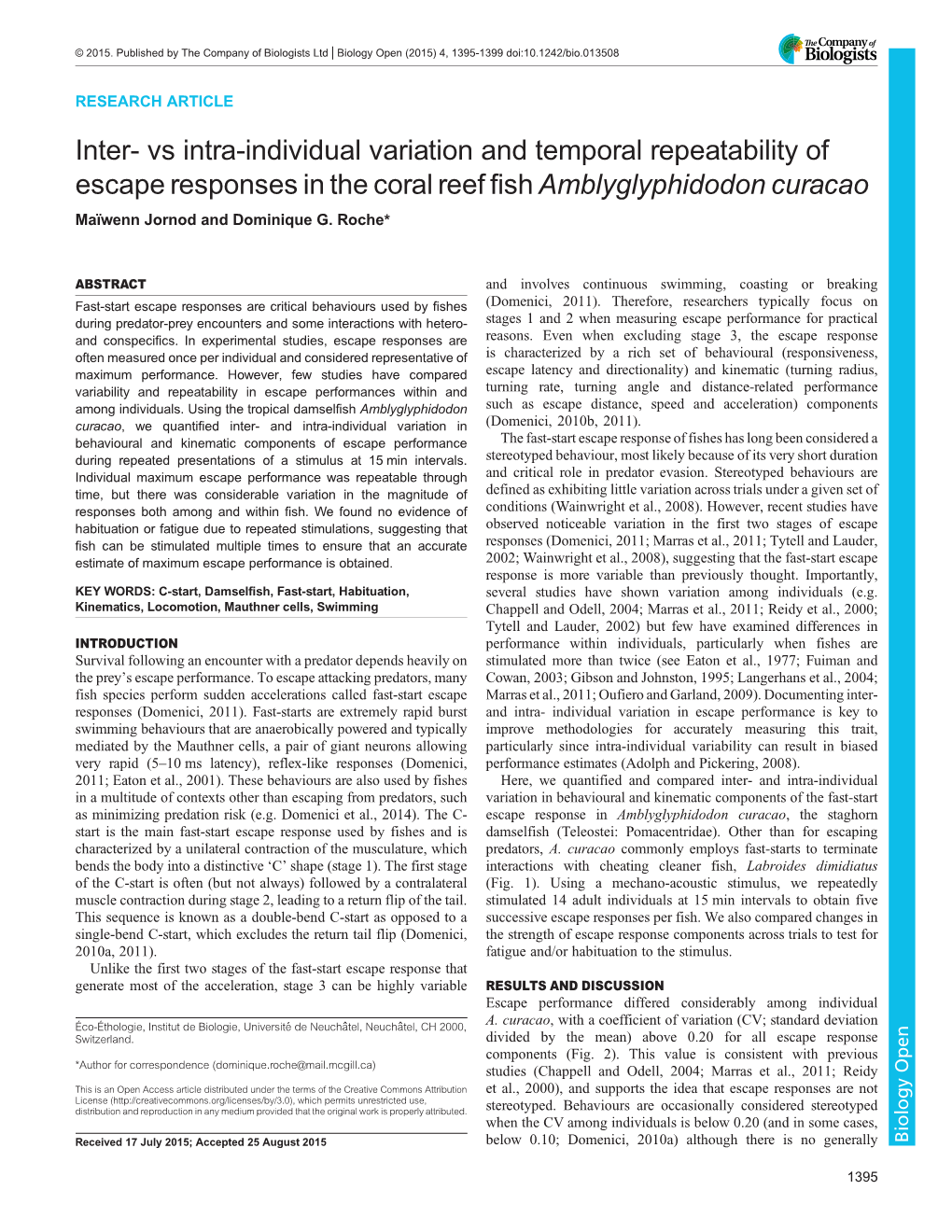 Vs Intra-Individual Variation and Temporal Repeatability of Escape Responses in the Coral Reef Fishamblyglyphidodon Curac