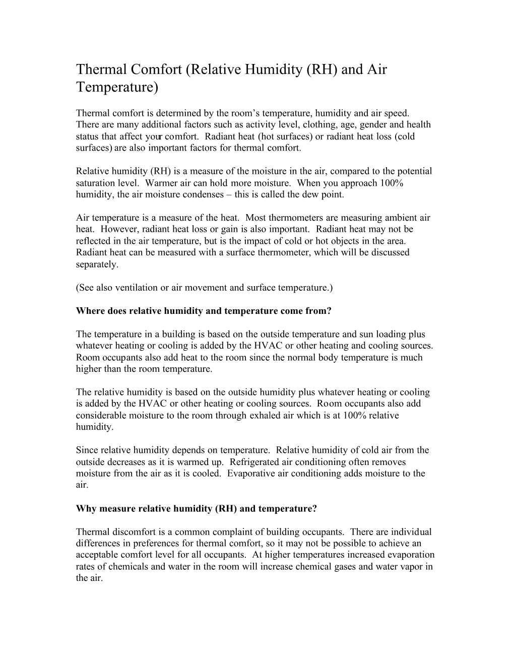 Thermal Comfort (Relative Humidity (RH) and Air Temperature)