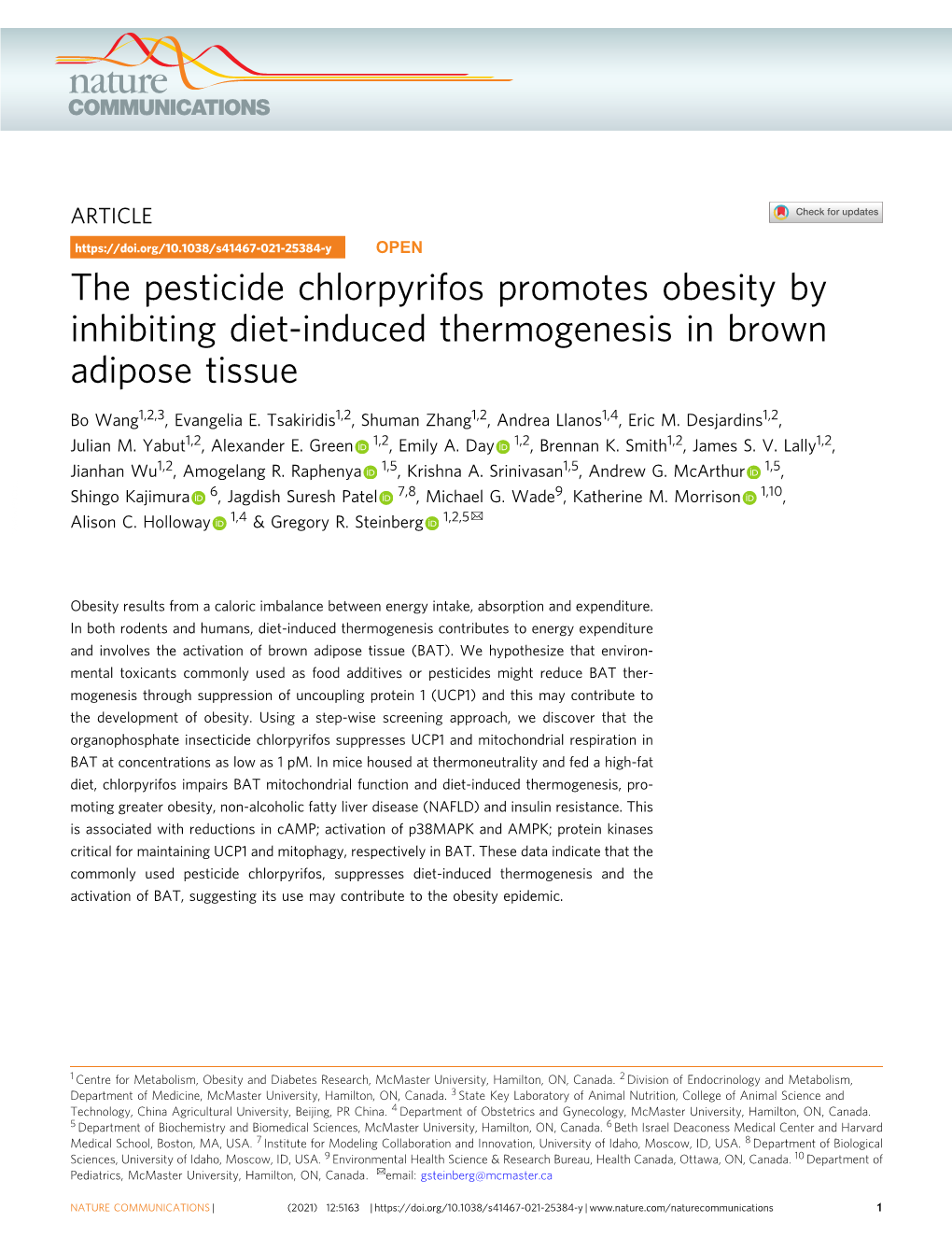 The Pesticide Chlorpyrifos Promotes Obesity by Inhibiting Diet-Induced Thermogenesis in Brown Adipose Tissue