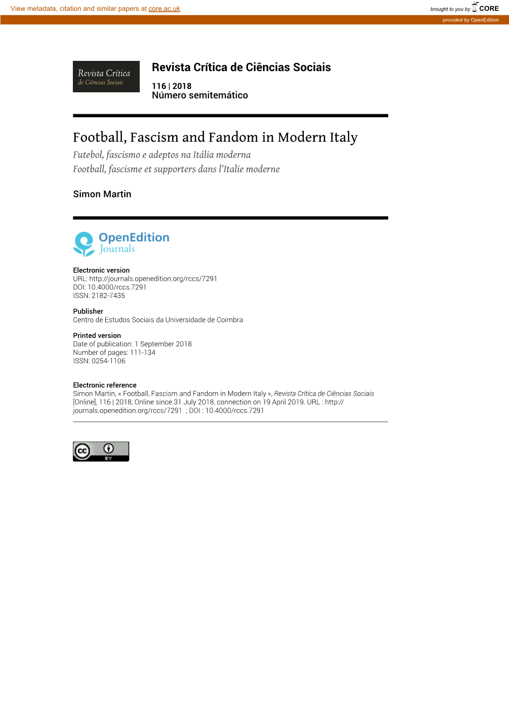 Football, Fascism and Fandom in Modern Italy Futebol, Fascismo E Adeptos Na Itália Moderna Football, Fascisme Et Supporters Dans L’Italie Moderne