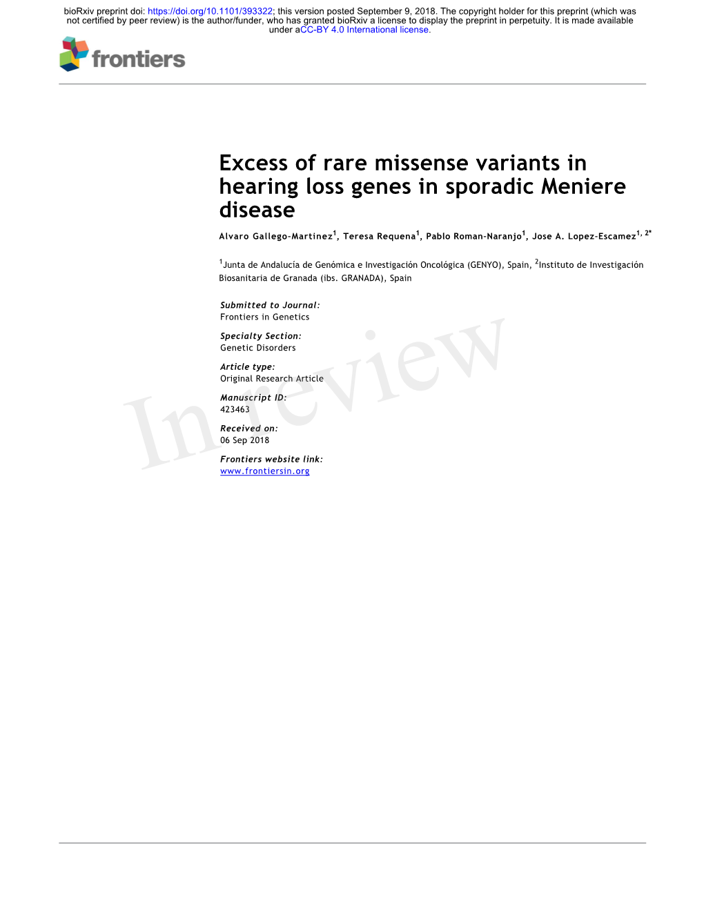 Excess of Rare Missense Variants in Hearing Loss Genes in Sporadic Meniere Disease