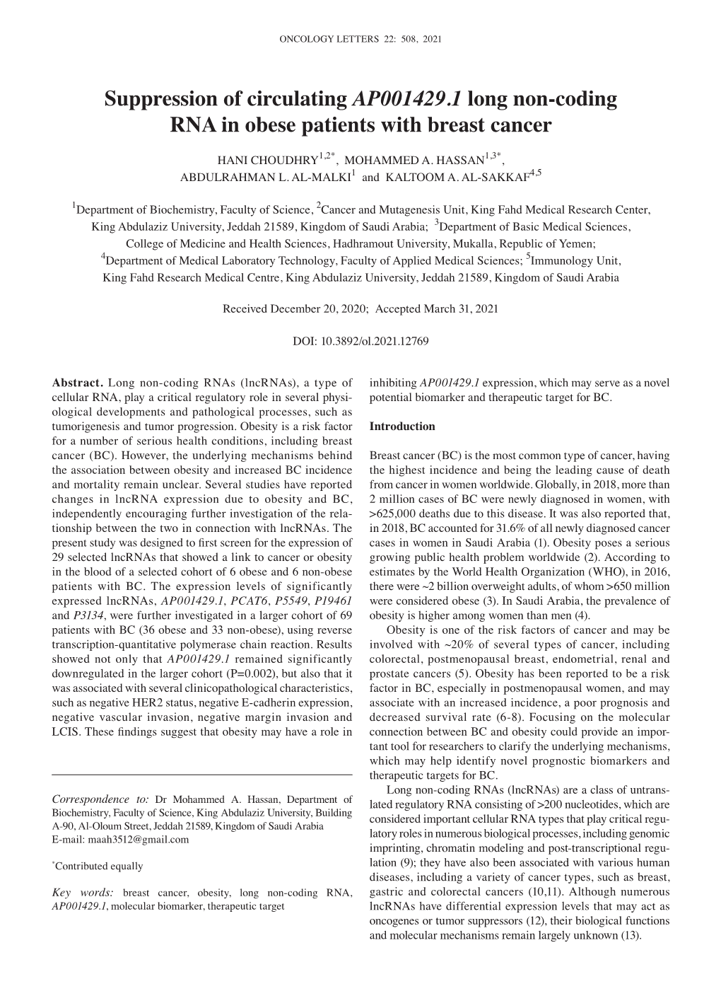 Suppression of Circulating AP001429.1 Long Non‑Coding RNA in Obese Patients with Breast Cancer