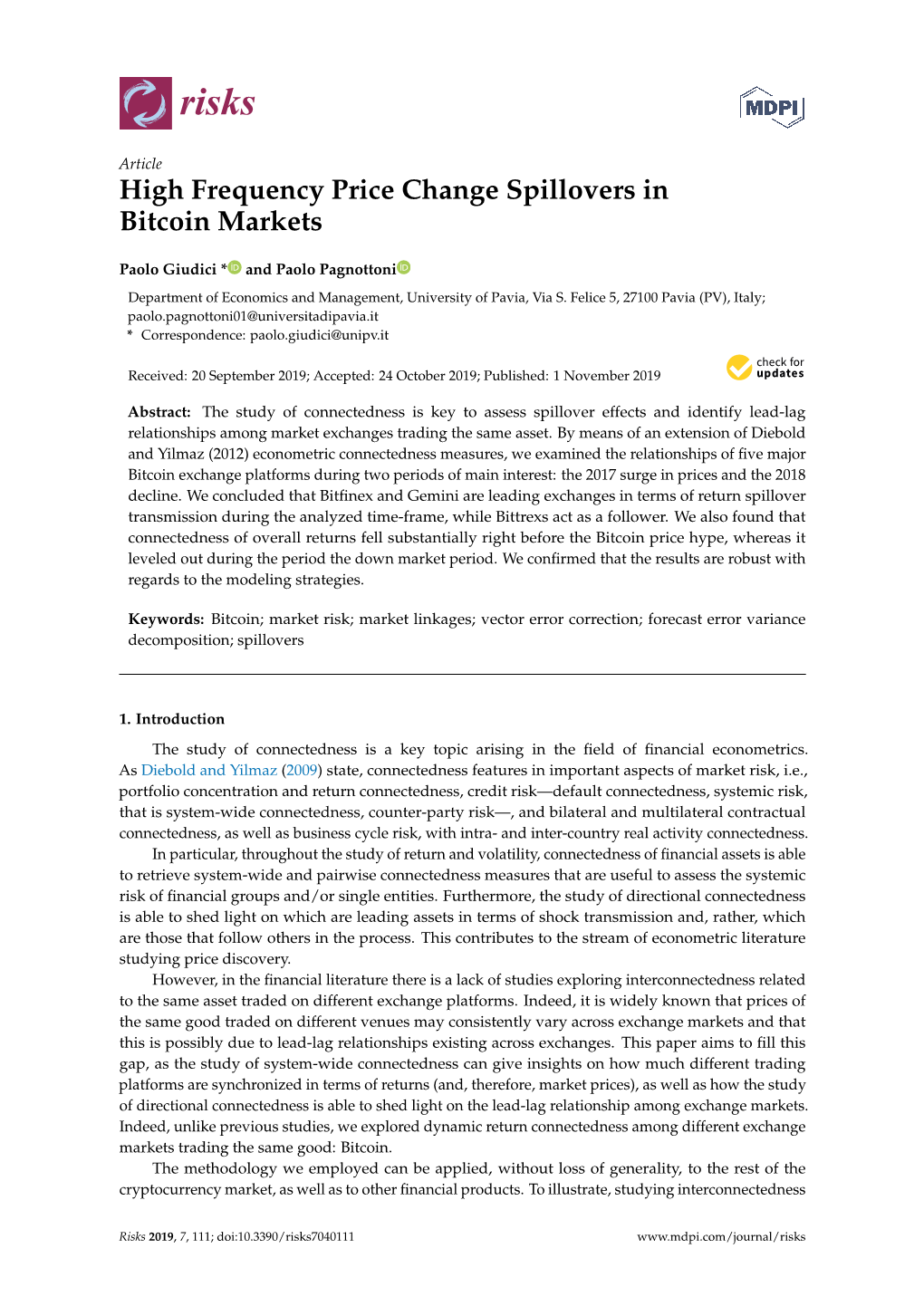 High Frequency Price Change Spillovers in Bitcoin Markets