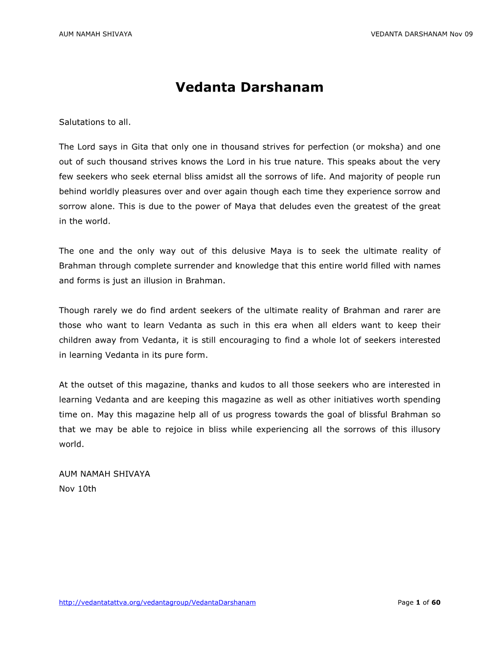 VEDANTA DARSHANAM Nov 09