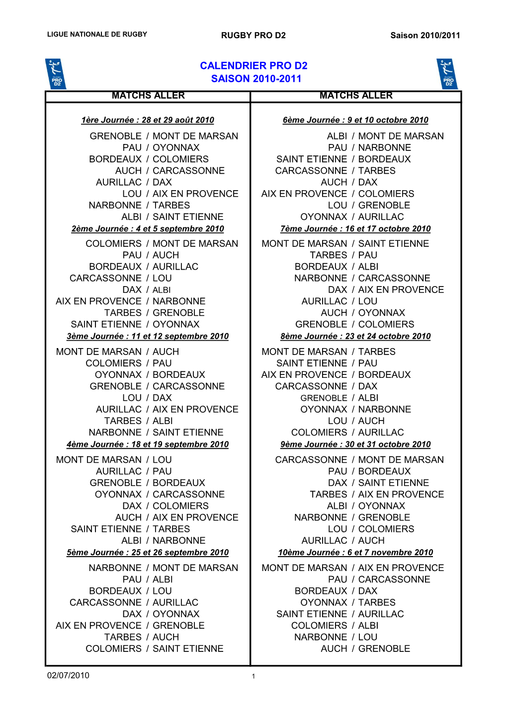 Calendrier Pro D2 Saison 2010-2011 Matchs Aller Matchs Aller